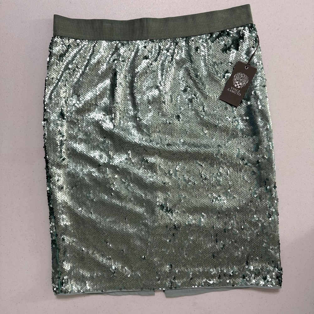 Vince Camuto Sequined Pencil Skirt Sage Eucalyptus Green Knee Length NWT‎ 12